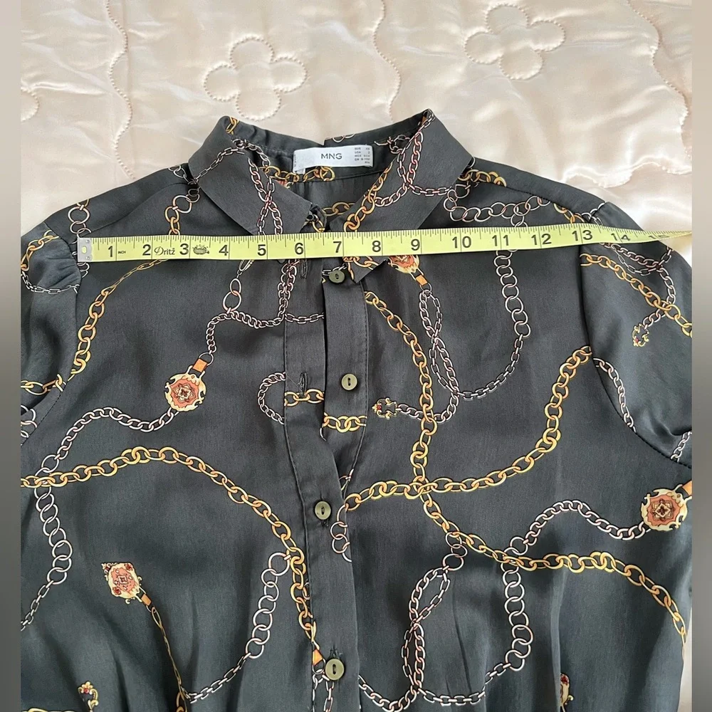 Mango Olive Green Chain-Print Midi Shirt Dress